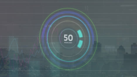 Animation-Eines-Steigenden-Prozentsatzes-Auf-Einem-Runden-Scanner,-Statistische-Datenverarbeitung-Im-Vergleich-Zum-Stadtbild