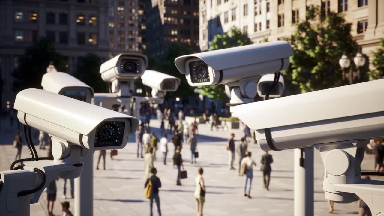 Tecnología de vigilancia en espacios urbanos: exploración visual de cámaras de seguridad que supervisan zonas públicas concurridas con peatones en movimiento
