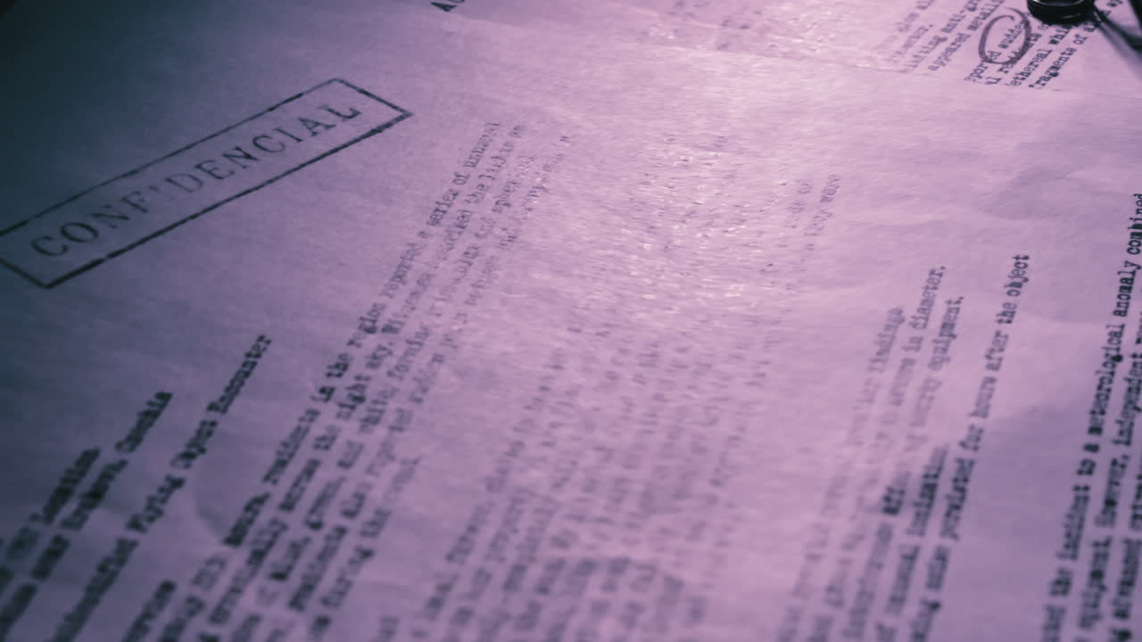 Camera movement reveals sensitive paperwork spread across a workspace illuminated by moody colored lighting. Works for crime, secrecy, intelligence, or investigative storytelling