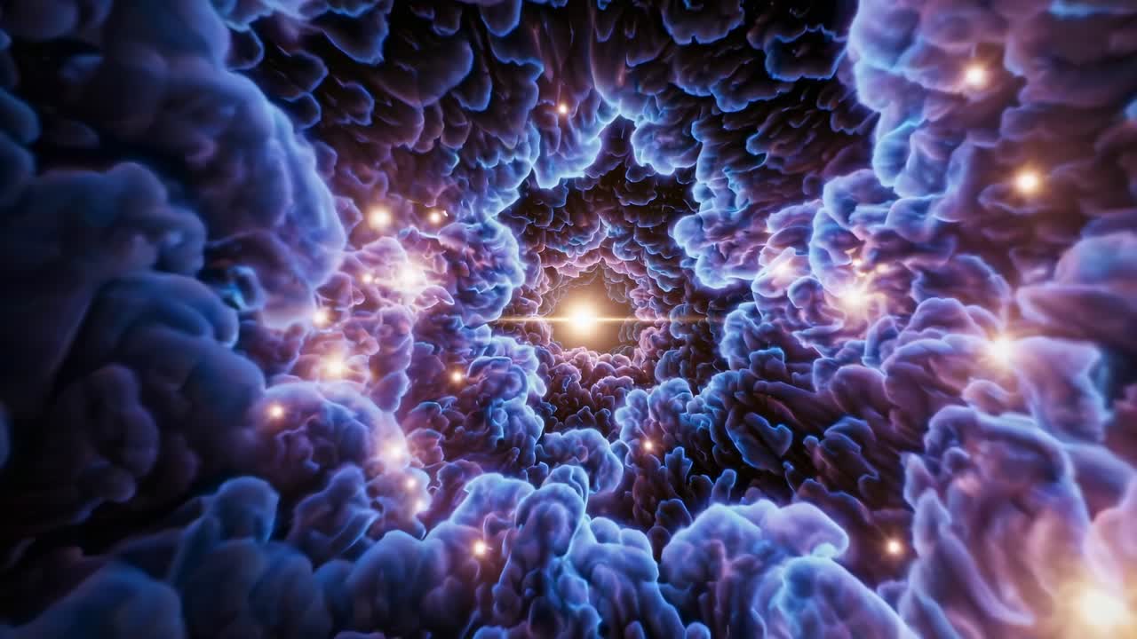 tunnel cosmico incandescente con nuvole di nebulose viola blu