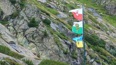 flagpole in the wind in alpine area with three flags