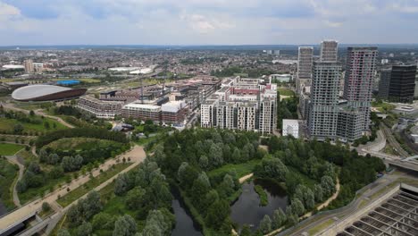 Aerial-pan-of-Queen-Elizabeth-Olympic-Park-Stratford-East-London