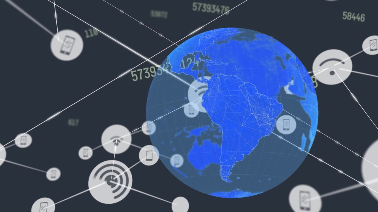 黒い背景に、接続ネットワークを持つ地球の構図