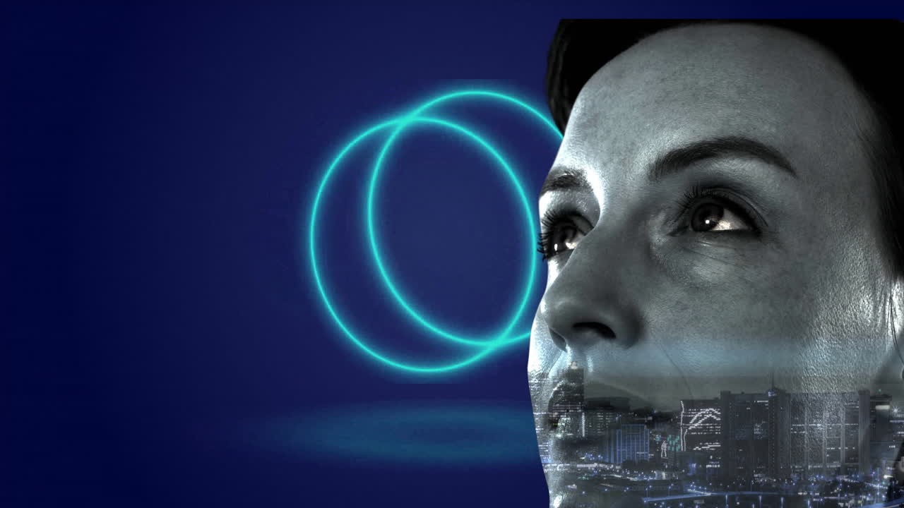 Woman's face over cityscape with colorful spiral light animation in background