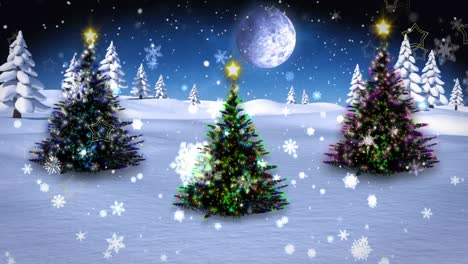 Animation-of-snowflakes-falling-over-three-christmas-trees-on-winter-landscape-against-night-sky