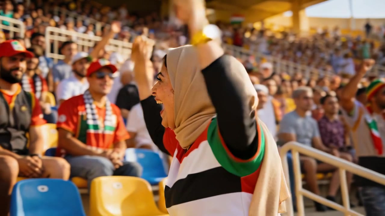 Kannustava nainen beigessä hijabissa ja raidallisessa paidassa antaa yläfemman naapurilleen katsomossa maalin jälkeen.