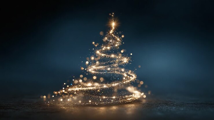 A Magical Sparkling Christmas Tree Radiates Warmth and Joy, Illuminated with Dazzling Lights and a Bright Star on Top Against a Serene Dark Background