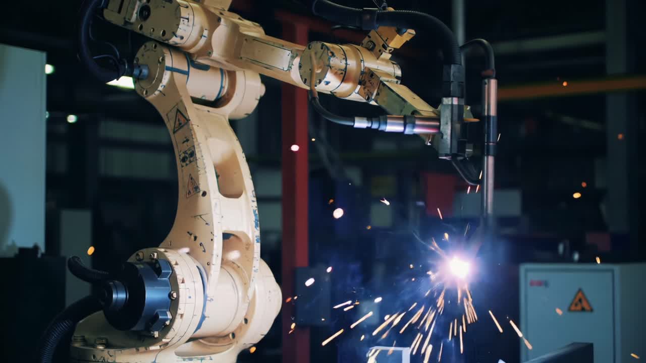 Advanced Robotic Welding: A Precision Robot Arm Engaging in High-Performance Welding Operations, Generating Sparks and Ensuring Quality in Metal Fabrication Environments