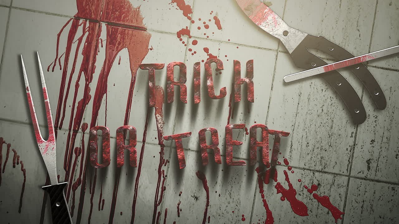 truco o trato con sangre roja e instrumentos médicos en la pared