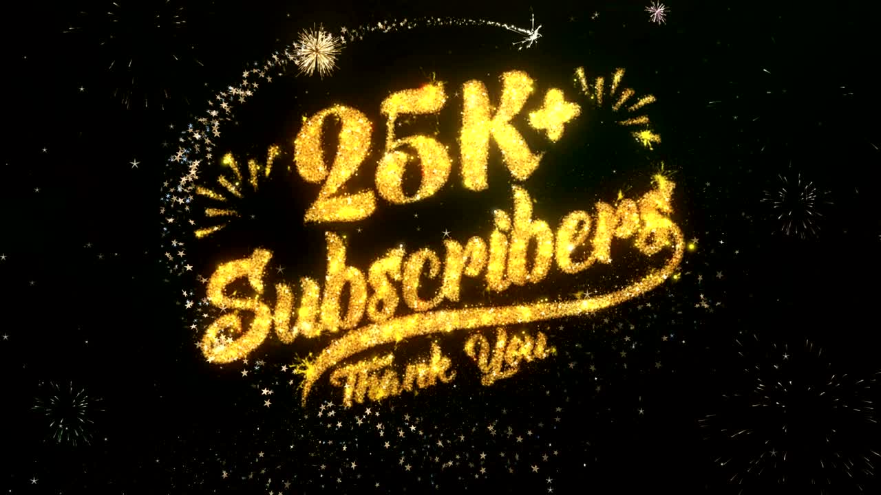 25k 가입자 인사 및 소원 카드는 반이는 입자 및 반이는 빛의 어두운 밤 하늘과 다채로운 불꽃놀이 4k 배경으로 만들어졌습니다.