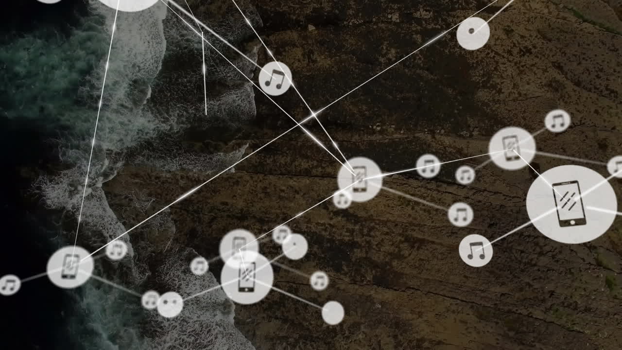 바다 전망 위의 아이콘과 연결 네트워크의 애니메이션