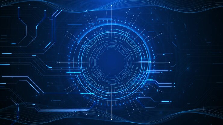 Interfaccia tecnologica circolare blu con anelli HUD luminosi, linee di circuito, nodi punteggiati e digitale scuro.