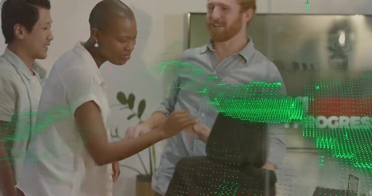 Coworkers clustering P4 pointing display causing data overlay while high-fiving business success