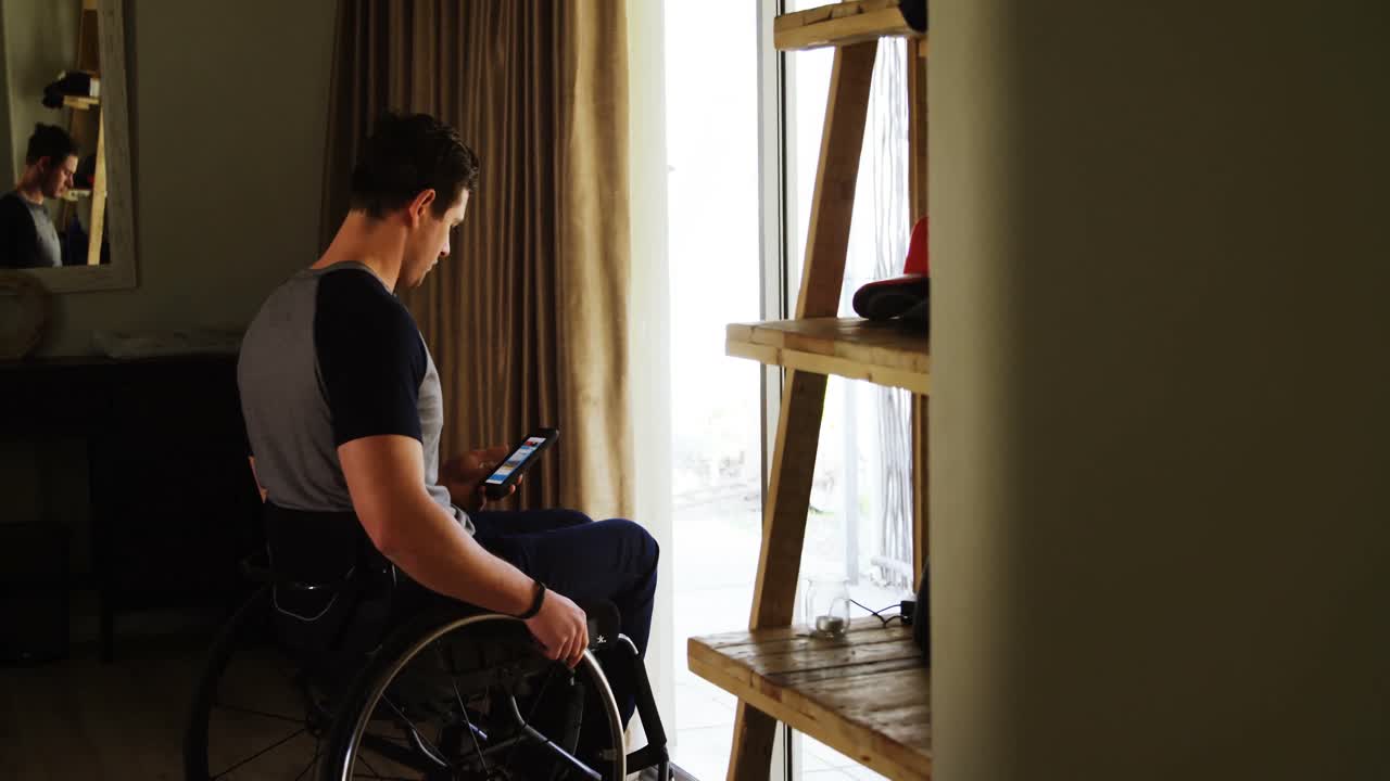 Disabled man talking on mobile phone 4k