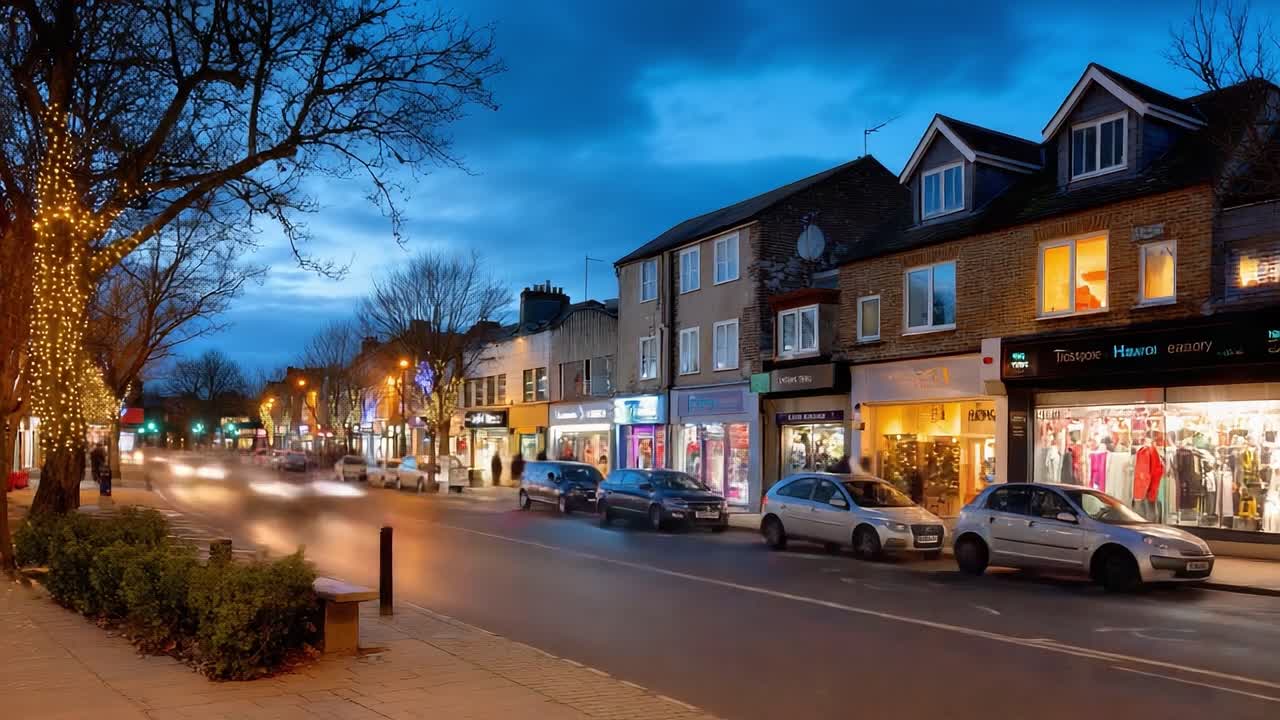Charming Urban Nightscape: A Serene Evening View of Cozy Shops and Dazzling Lights on a Quiet Street with Gentle Traffic Under a Twilight Sky