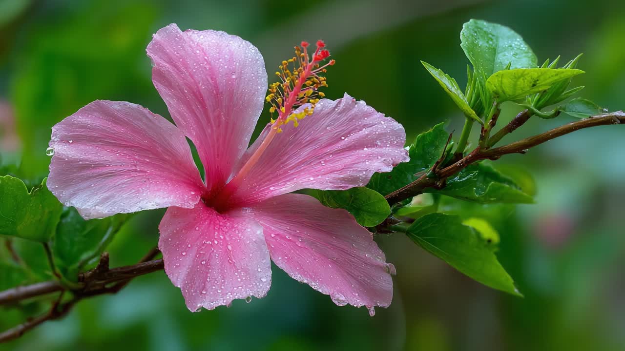 Splendido fiore di ibisco rosa con gocce di pioggia su petali e foglie, immortalato in un vivace sfondo naturale verde che ne esalta la bellezza naturale e le delicate caratteristiche.