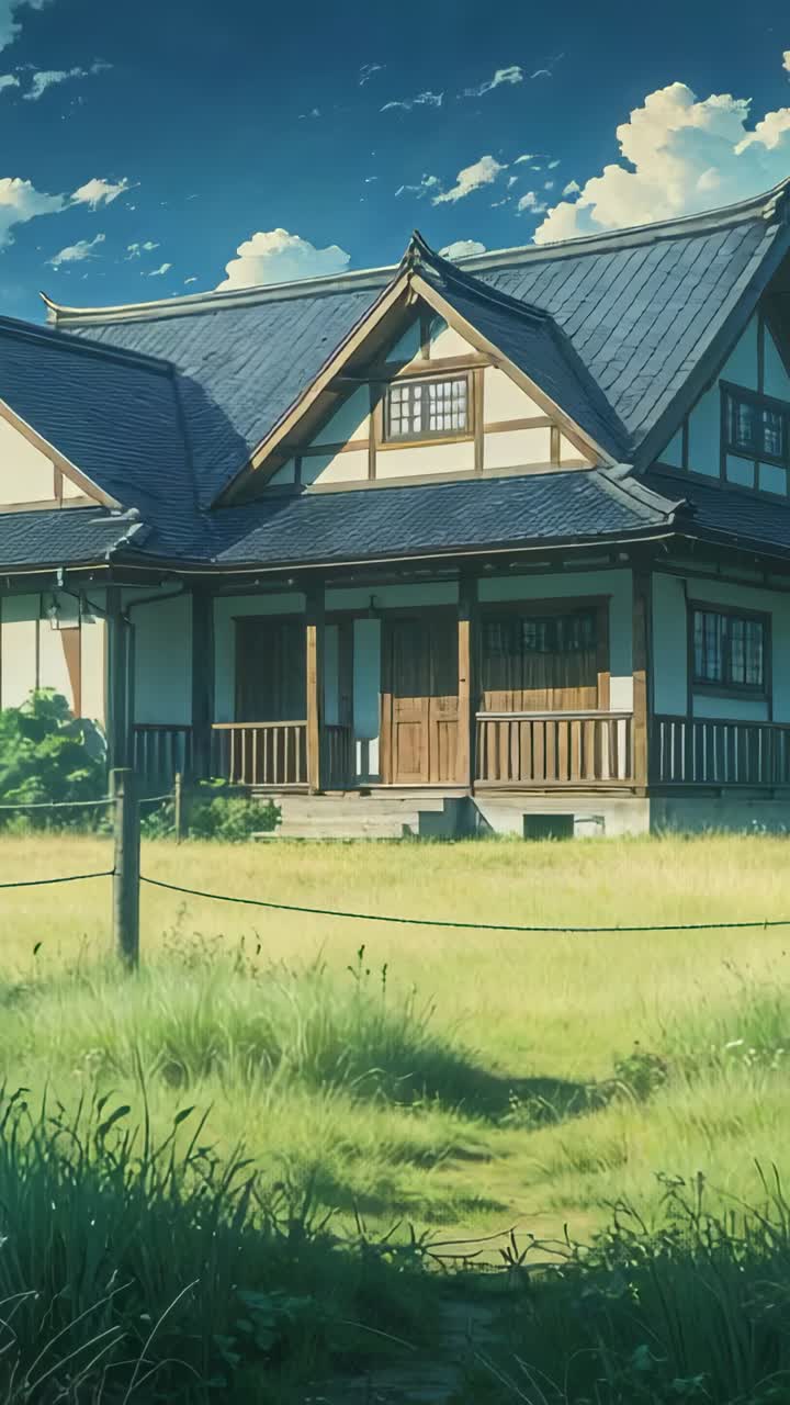 Vertical video: Stirring breeze causing grasses swaying in Japanese farmhouse meadow by low fence