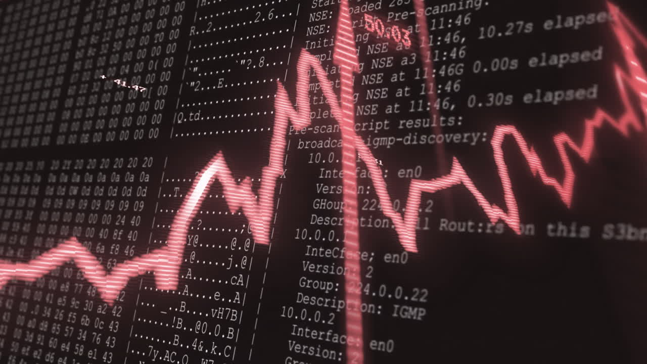 Animation of graph with arrows over data processing on black background