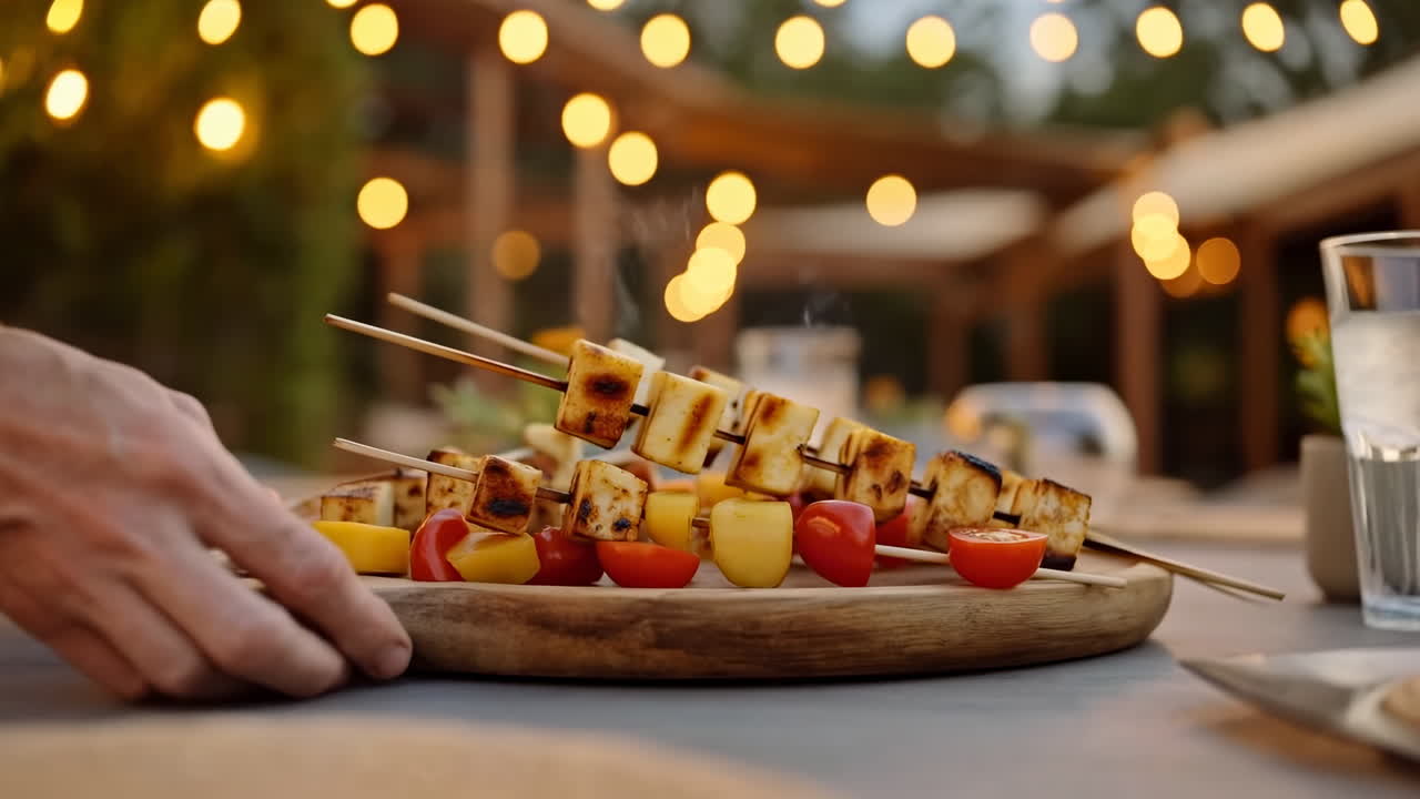Spiedini serali all'aperto su un piatto, mani dell'ospite che posizionano kebab di verdure grigliate e cubetti di halloumi su un tagliere di legno