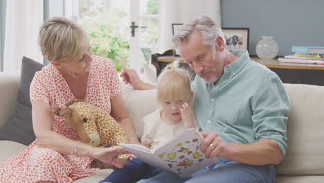 grandparents sitting on sofa with granddaughter at home reading book together