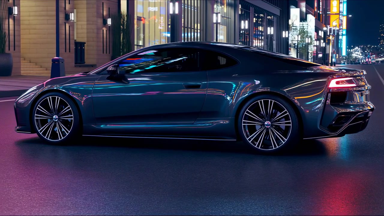 Coupé di lusso illuminata al neon su pavimentazione bagnata, parcheggiata sotto l'illuminazione delle vetrine del centro, riflessi della città a mezzanotte