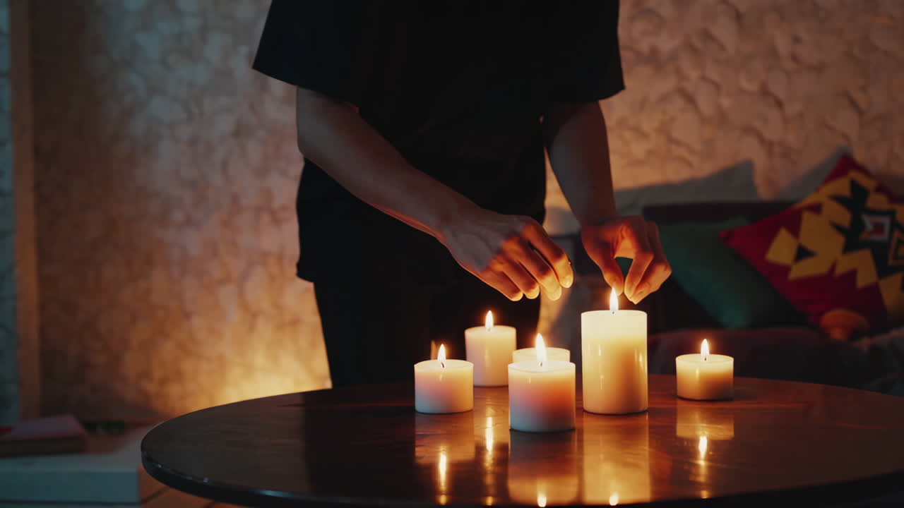 Person Lighting Candles on a Table