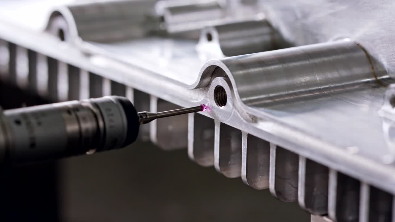 좌표 측정 기계 (cmm) 의 매크로 영상으로 금속 부품을 측정합니다.