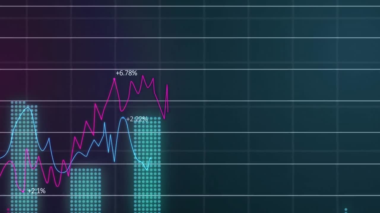 Animation of financial graphs and data over black background
