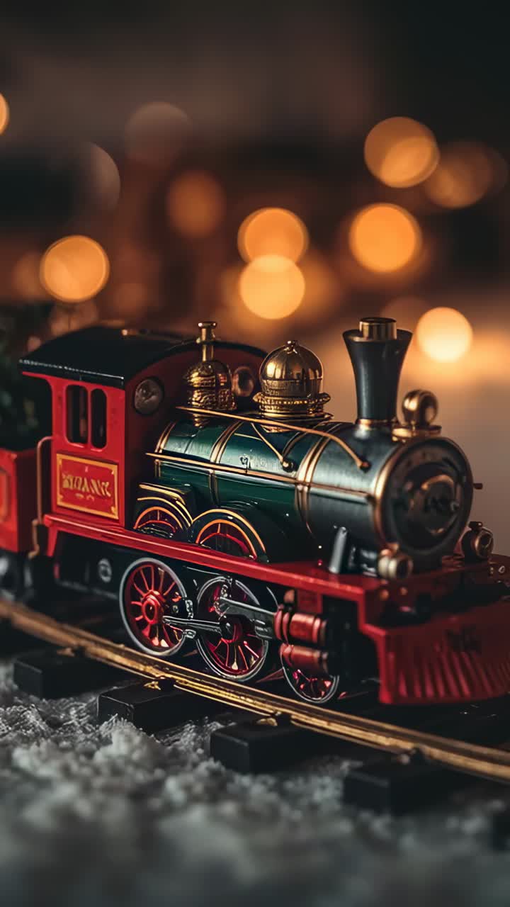 Vertical video: Pulling camera, toy engine sitting on track and table snow, highlighting brass dome
