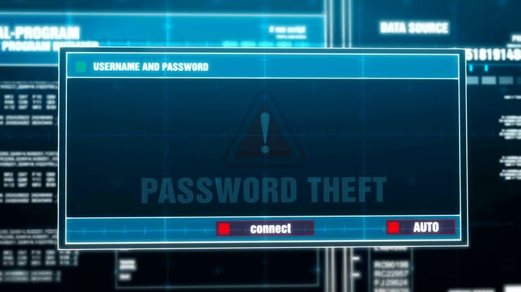 Notifica di avviso di furto di password e messaggio di errore di sicurezza del sistema digitale visualizzati sullo schermo del computer dopo l'inserimento di login e password. Concetto di crimine informatico e hacking.