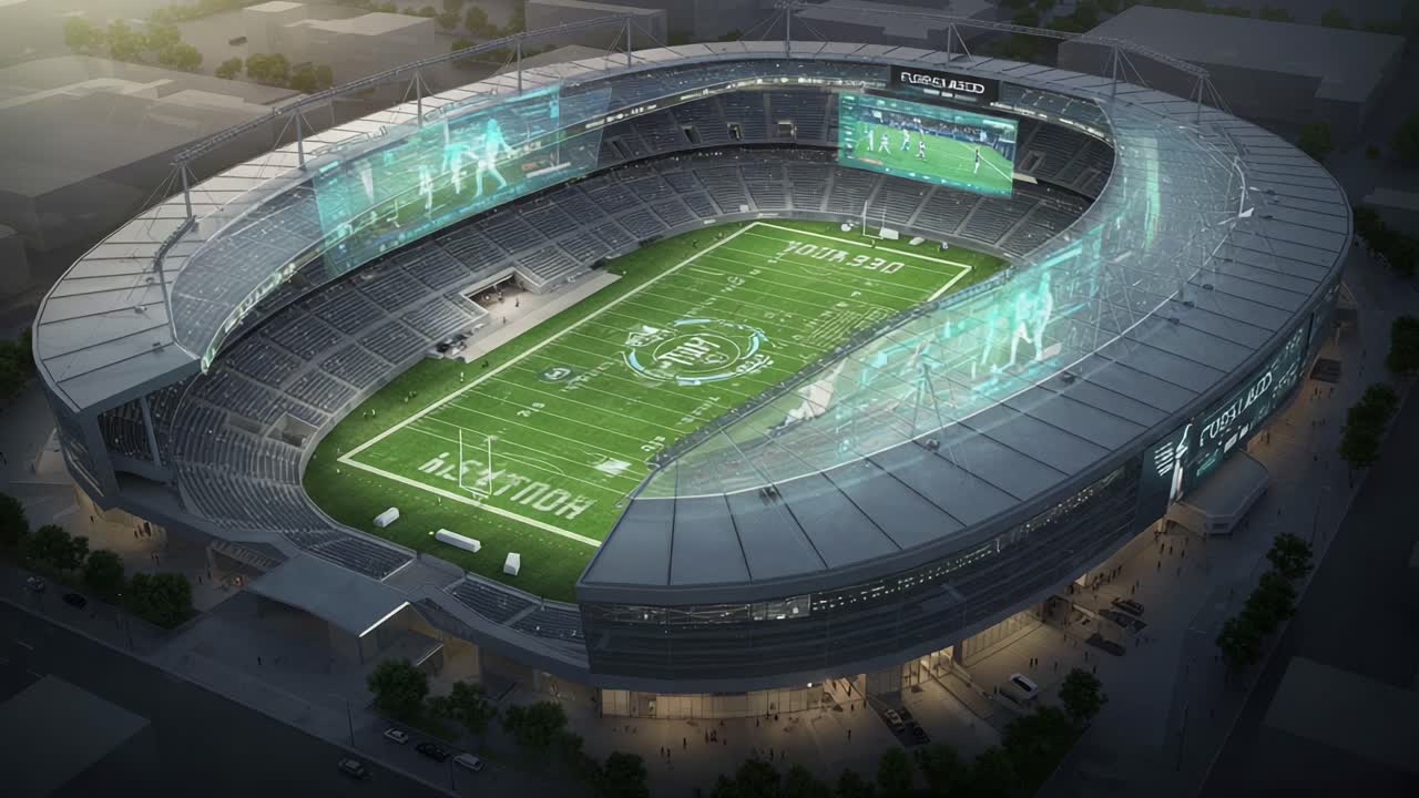 Aerial View of a State-of-the-Art Multi-Purpose Sports Stadium Featuring Futuristic Architecture and Advanced Technology Including Large Video Screens