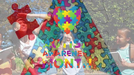 animation of colourful puzzle pieces ribbon autism awareness month text over children