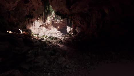 cueva en un volcán extinto cubierto de hierba y plantas