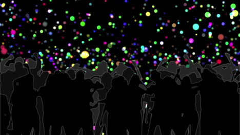 Animation-of-people-dancing-with-glowing-spot-lights-on-black-background