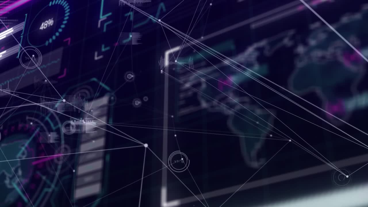 Nodes emerging on monitors linking data points, fluctuating gauges indicating network completion