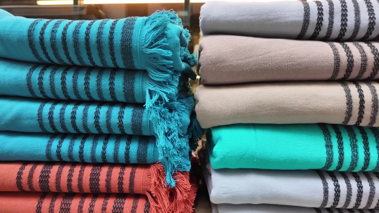 Stacks of Colorful Striped Turkish Towels with Fringes