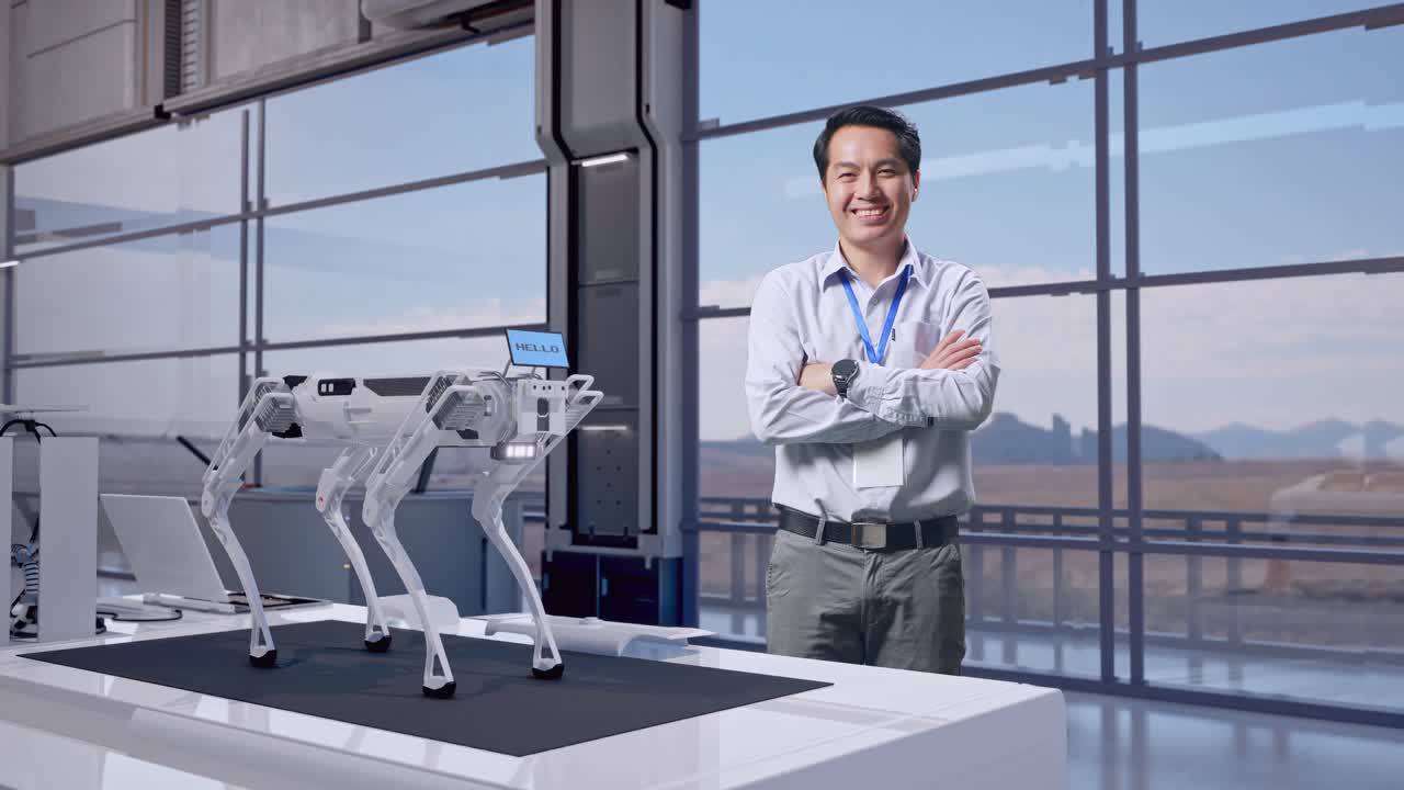tomas de cuerpo completo de un trabajador profesional masculino asiático de pie en una fábrica de alta tecnología, perro robot, su amplia sonrisa a la cámara y cruzar el brazo sobre su pecho