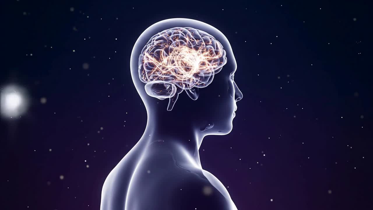 Cervello umano che si illumina con connessioni neurali all'interno di una testa trasparente, a rappresentare l'intelligenza e l'attività neuroscientifica