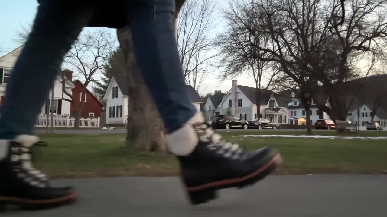 Legs of woman in warm furry boots walking chilly residential street pavement in Vermont at sunset