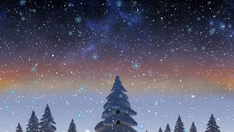 Animation-of-snowflakes-falling-over-winter-landscape-with-tall-trees