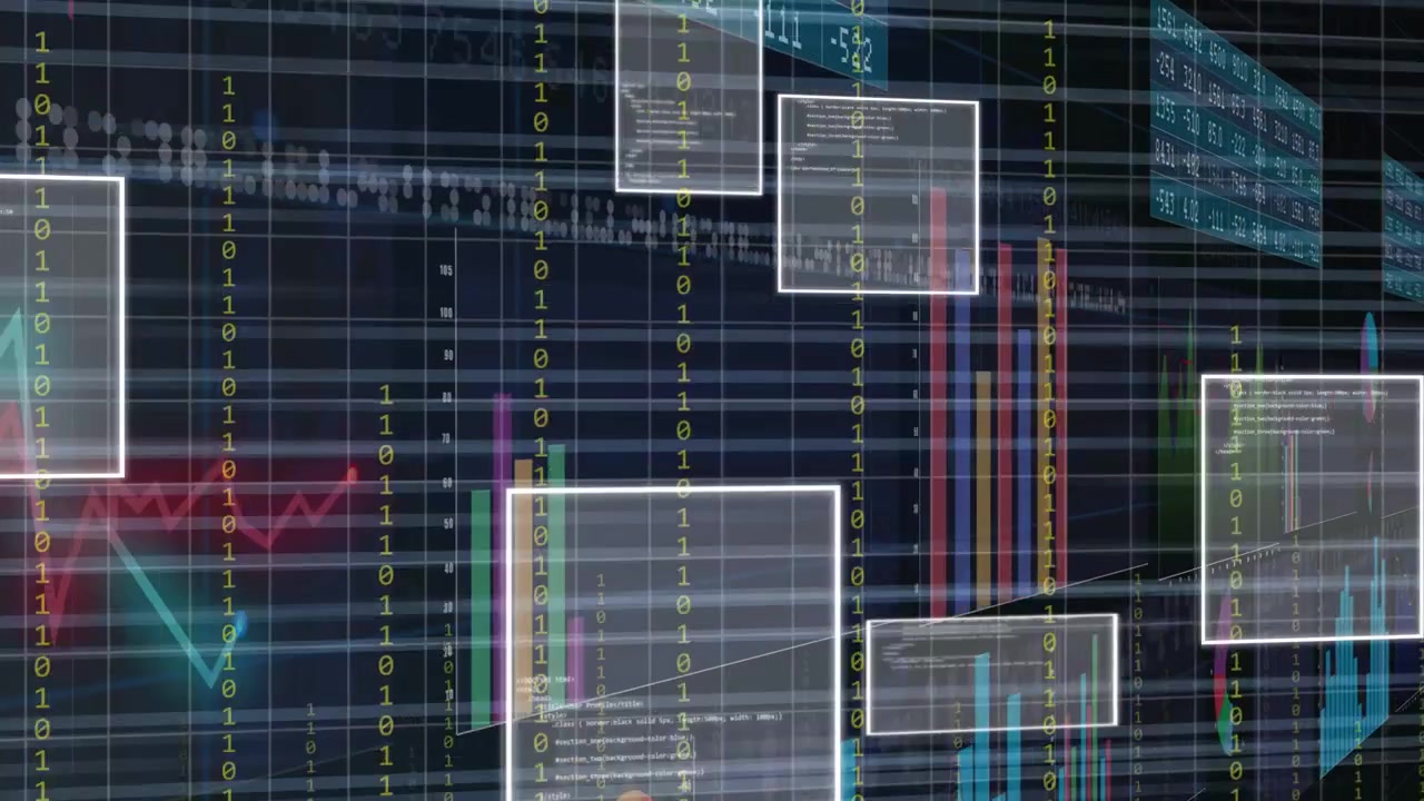 Cámara paneando a la derecha, ventanas apareciendo, bits fluyendo, panel de control revelando gráficos para análisis.