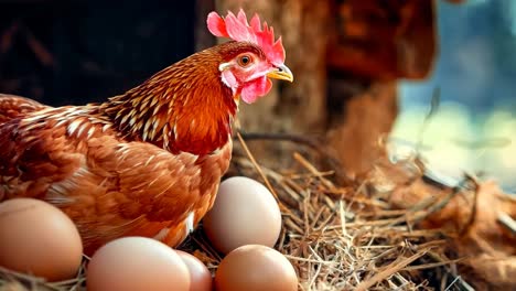 a rooster standing next to a nest of eggs