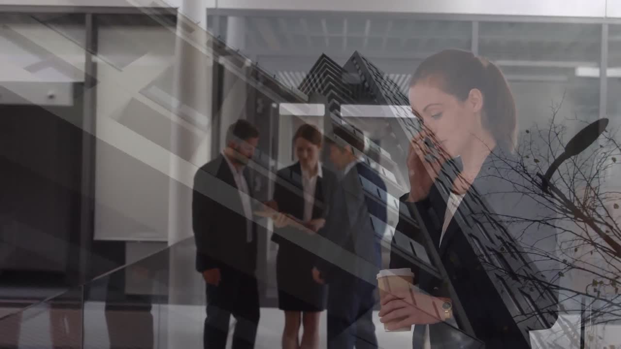 animación de un edificio de oficinas sobre personas de negocios hablando en una oficina moderna