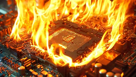 a computer motherboard on fire with a cpu on top of it