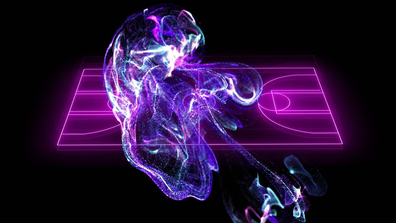 Abstract purple and pink fluid shapes animation over basketball court lines