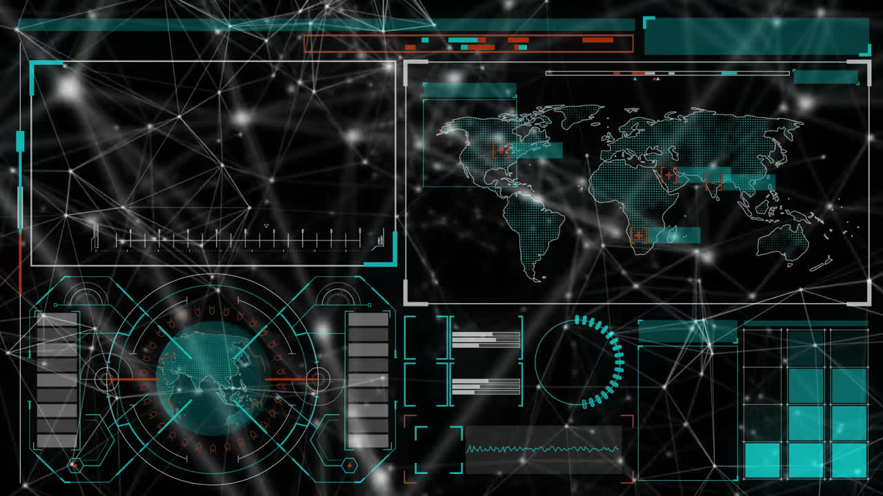 Animation of digital world map with data processing and network connections
