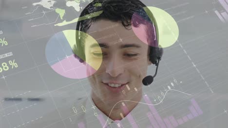 Animation-of-financial-and-statistic-data-processing-over-businessman-wearing-phone-headset