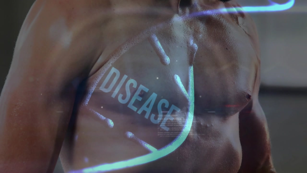 Fitness athlete gripping dumbbell and initiating holographic DNA helix scan for disease analysis