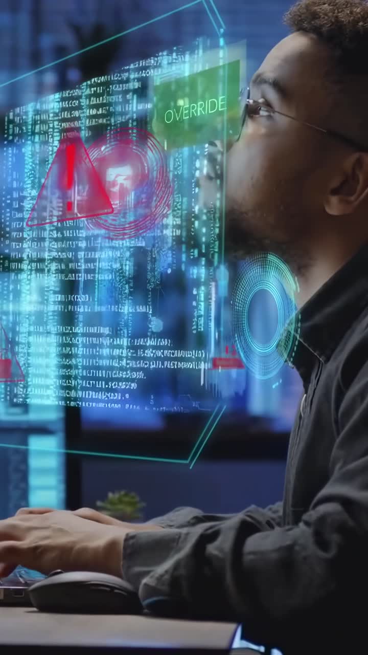 Sidevinkel av en fokusert programmerer med holografisk kode, som skaper en teknologivideoscene