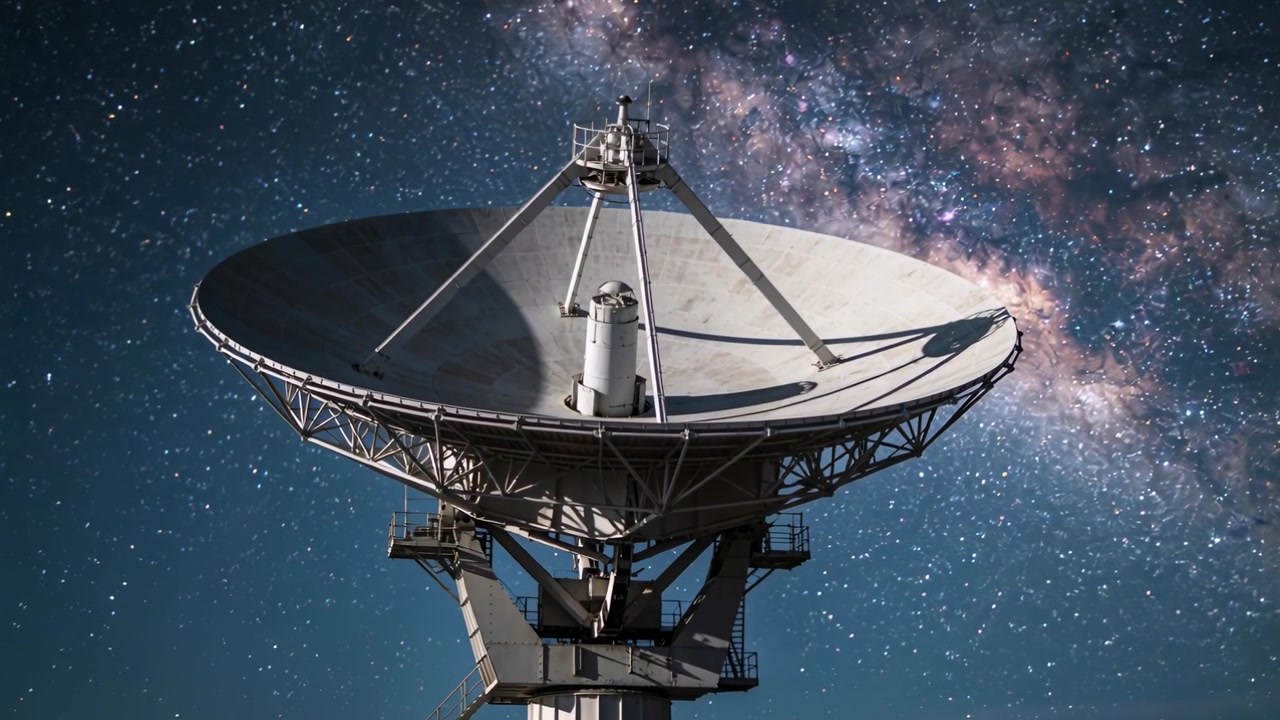 Panorerende kamera viser en parabolsk radioteleskopskål, der vipper mod Mælkevejen og afslører en fødehorn.